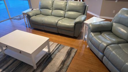 Blue leather manual reclining sofa, love seat and accessories