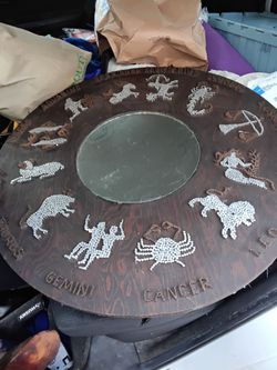 Round Zodiac Wall Mirror Dark Wood