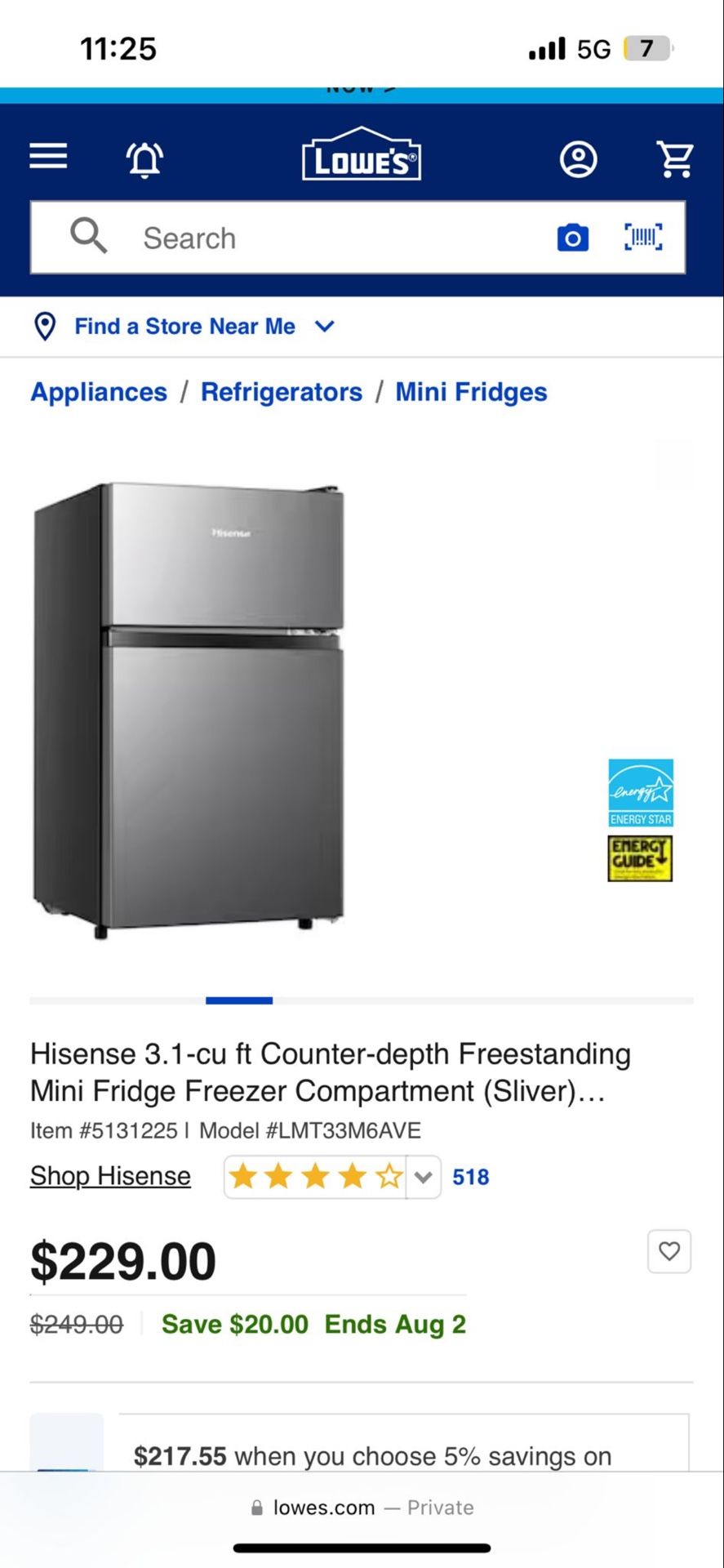 Hi-sense 3.1cu Ft Fridge
