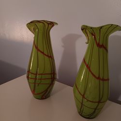 Medium Size Green And Red Lined Glass Handcrafted Vases.