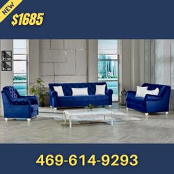 Blue Velvet Sofa Loveseat Chair All 3pcs With Pillows 