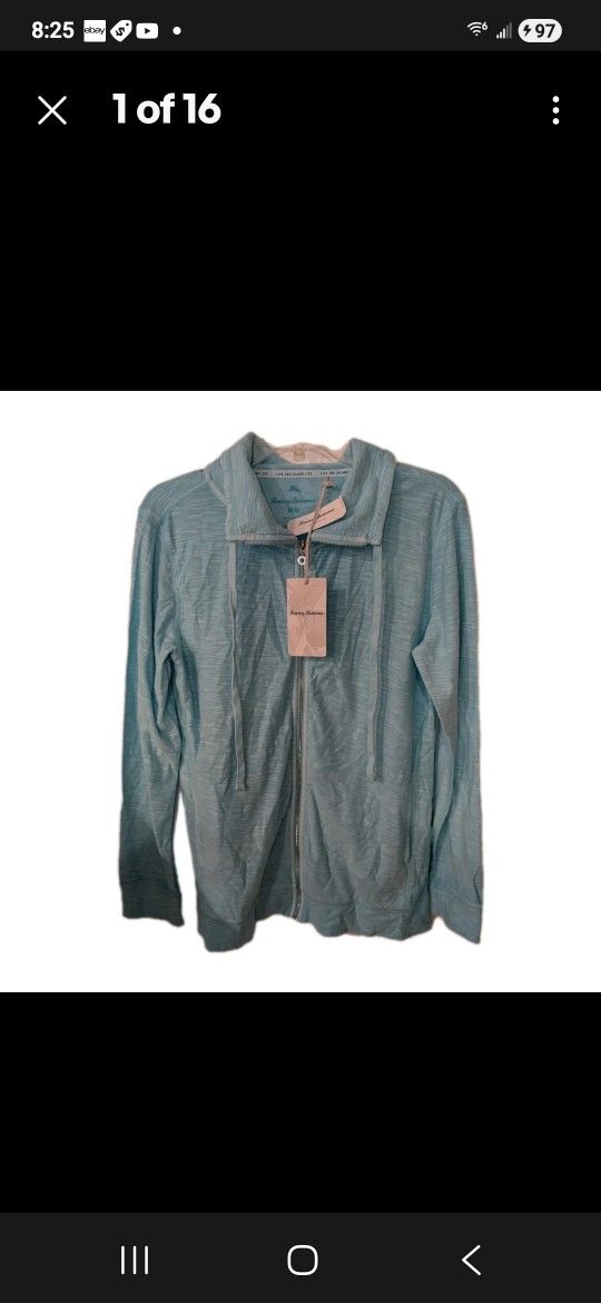 Tommy Bahama Jacket Size Large Tommy Bahama Knoll Lightweight Jacket Shirt Cowl Neck Blue Full Zip Aqua