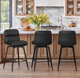3X Black 26” swivel faux leather barstools