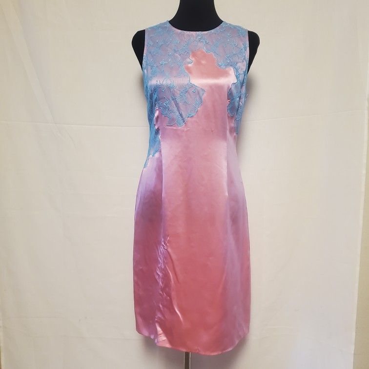 BCBGMAXAZRIA Silk Midknee Pink Slip Dress with blue lace design