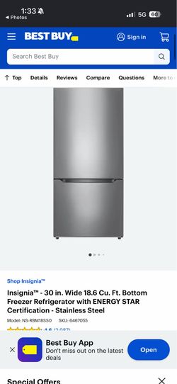 USED INSIGNIA 30" COMPACT 18.6 CU. STAINLESS STEEL BOTTOM FREEZER REFRIGERATOR WITH ICE MAKER