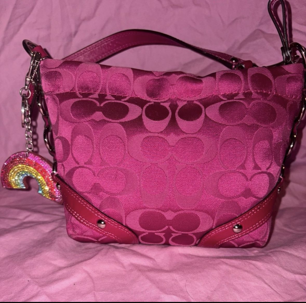 Coach signature Carly pink fuchsia patent leather trim bag F1069-F44143