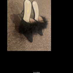 EUC Fashion Nova Sz 6 Heels Mules Pointed Feather Toe Black Dress shoe pump