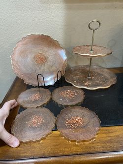 Handmade resin art trays & coaster set - gorgeous gold/copper accents
