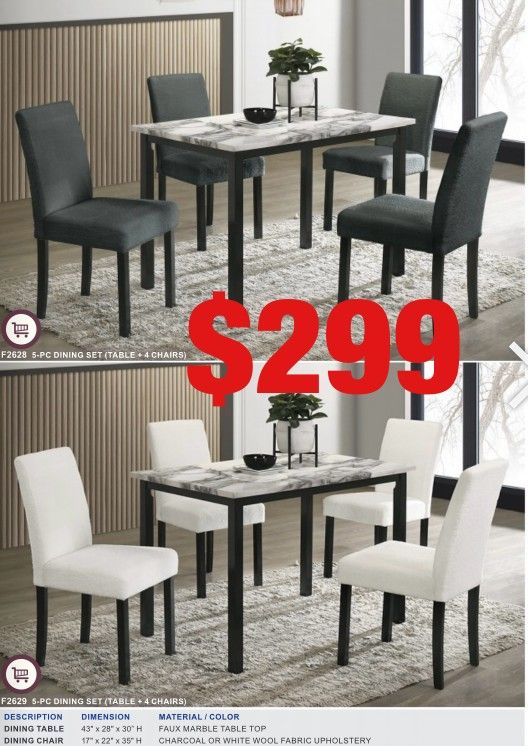 5 piece dining set. Assembly required.  Assembly not included.  Tax included.  Free local delivery.  