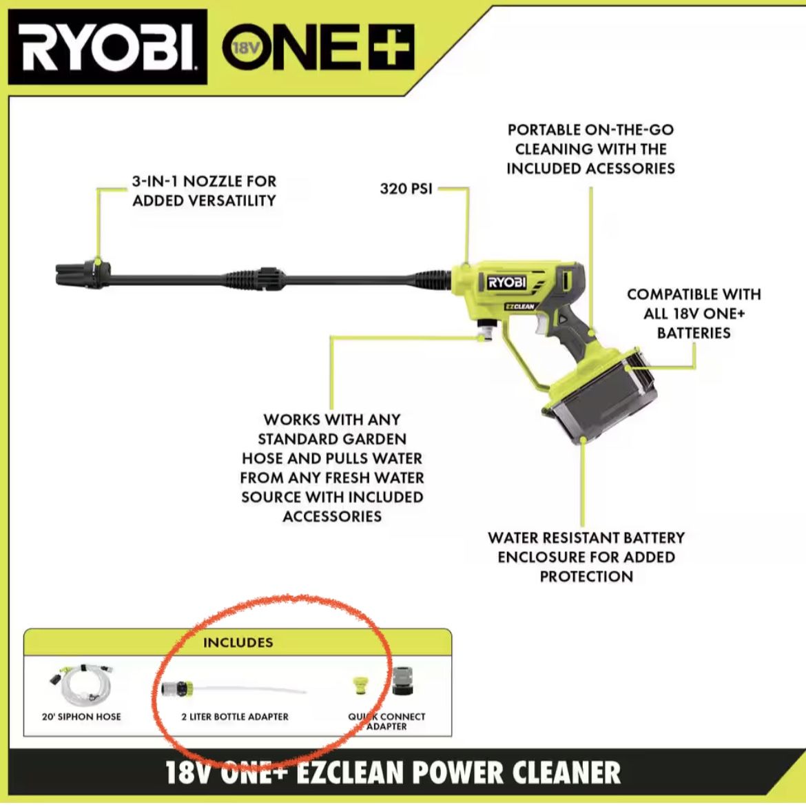 RYOBI ONE+ 18V EZClean 320 PSI 0.8 GPM Cordless Battery Cold Water Power Cleaner (Tool Only)