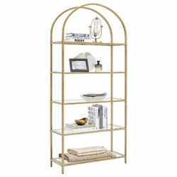 5 Tier Shelf, Tempered Glass Shelving Unit, Arched Design, Steel Construction, for Living Room, Working Bathroom, Golden Color LGT050