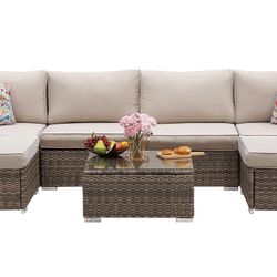 Assembled New 7 Pieces Patio Furniture Set - All-Weather Outdoor Wicker Sectional Conversation Sofa, Rattan Patio Seating Sofa Set