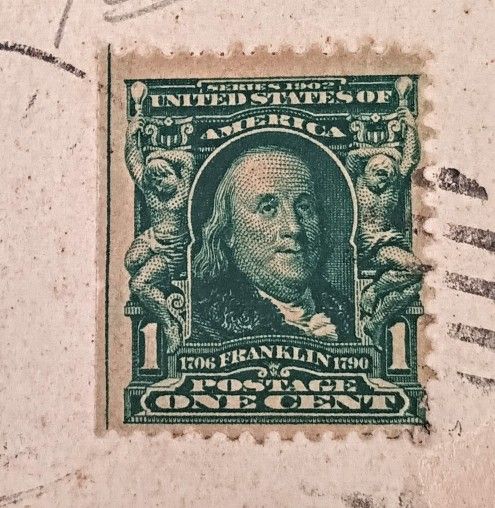 Antique Postcard With Antique One Cent Benjamin Franklin Stamp With Red Very Rare