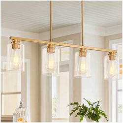 Mecgirn Island Light for Kitchen, Brushed Gold Dining Room Light Fixture Over Table, 4-Light Linear Chandelier Pendant Lighting for Dining =B7-769