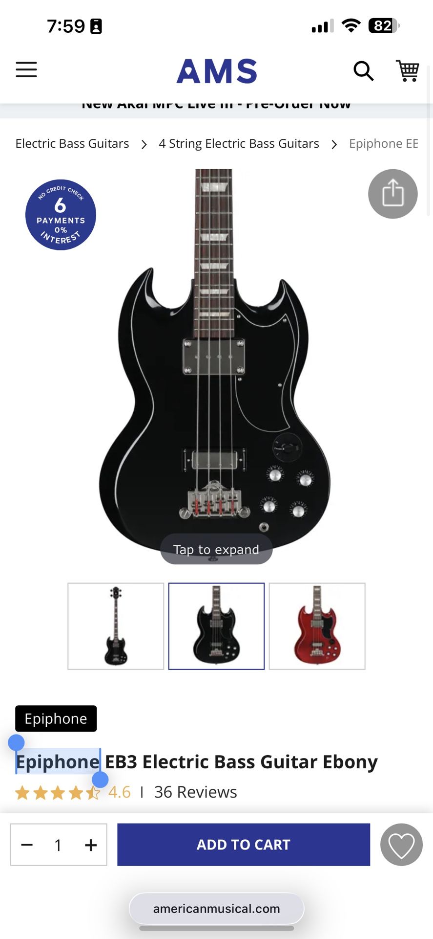 Epiphone EB3 Electric Bass Guitar Ebony