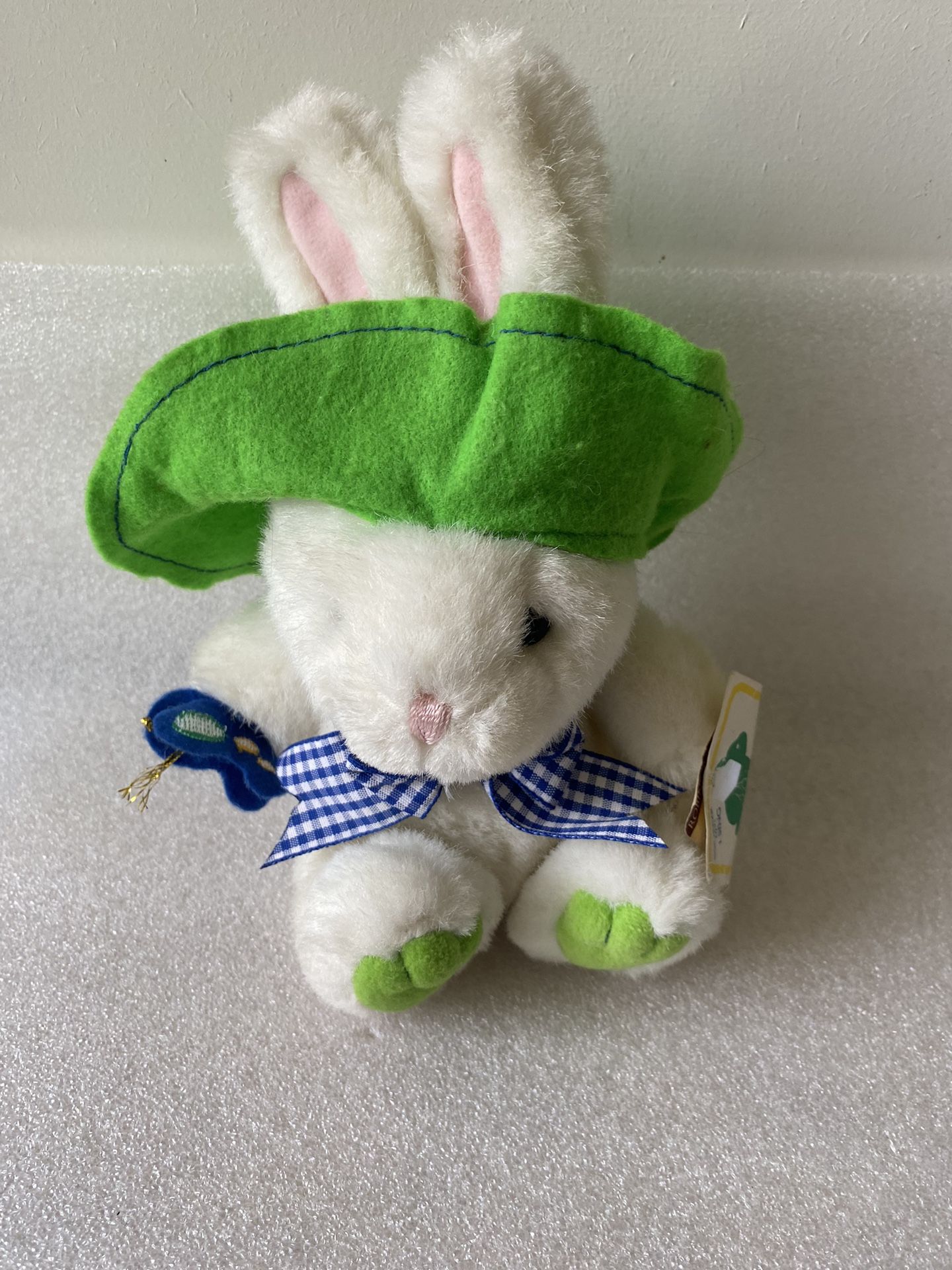Vintage WHITE & GREEN BUNNY RABBIT STUFFED ANIMAL PLUSH TOY.