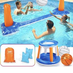 Inflatable Pool Float Set Volleyball Net & Basketball Hoops, Swimming Game Toy for Adults, Floating