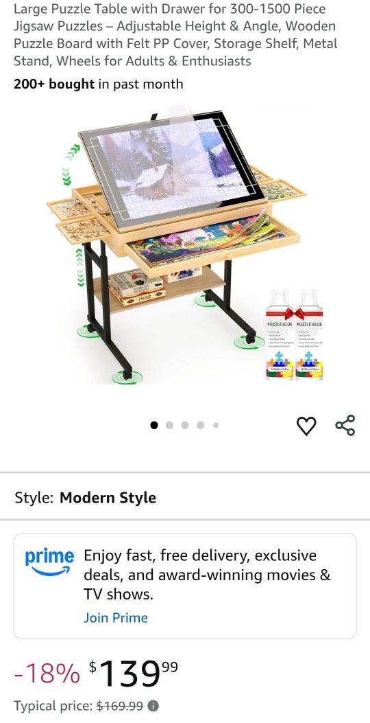 Large Puzzle Table with Drawer for 300-1500 Piece Jigsaw Puzzles – Adjustable Height & Angle, Wooden Puzzle Board with Felt PP Cover, Storage Shelf, M