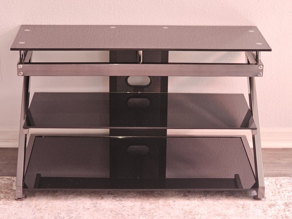 Modern Z-Design Glass & Metal TV Stand / Entertainment Center / Heavy Duty Glass 10mm