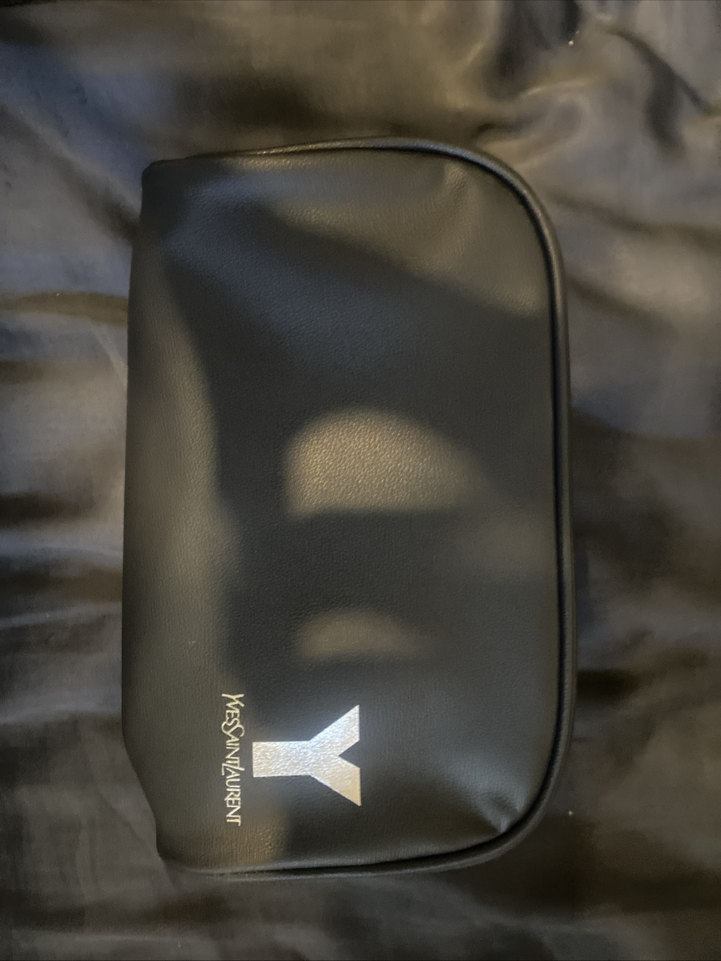 YSL Yves Saint Laurent Black Faux Leather Silver Logo Toiletry Bag Pouch