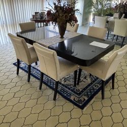 Lucite Dining Table w/ 6 Beige Leather Chairs