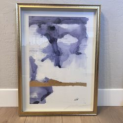 30x22 Glass Matte Gold/Black Framed Navy Blue/White/Gold Watercolor Artwork