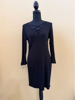 Forever 21 Black Ribbed Lace-Up Bell Sleeve Bodycon Dress Size Large