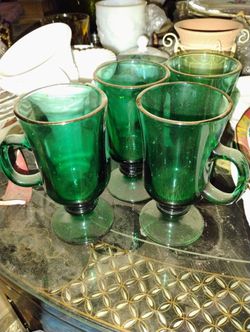 vintage Libbey Juniper Teardrop Dark Green Footed Mugs,