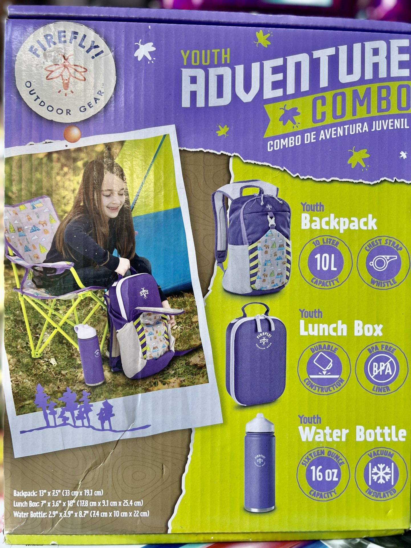 Firefly! Outdoor Gear Youth Adventure Combo – Purple (Backpack, Lunch Box, 16 oz.Water Bottle)