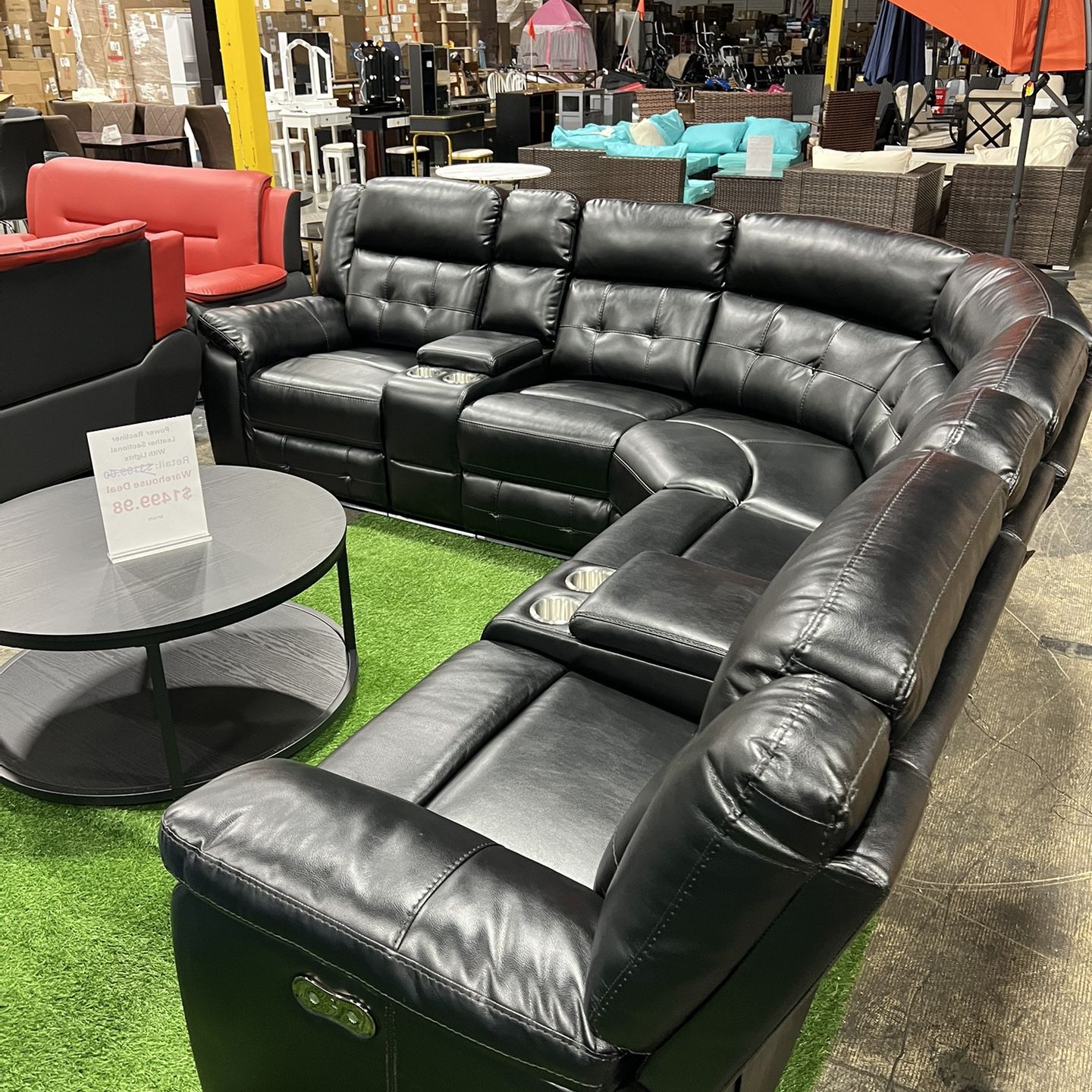 Power Recliner Sectional Black Leather With LED
