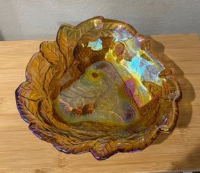 Vintage Marigold/Amber Colored Carnival Glass Dish, Leaf Imprint