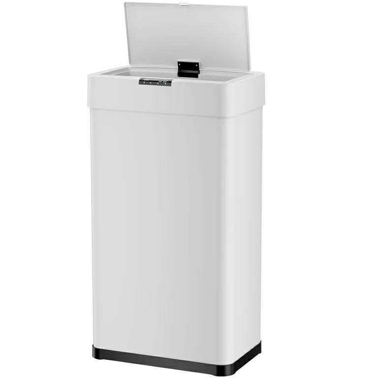 Smart Touchless Trash Can with Sensor, Auto Open Close Lid, Stainless Steel Garbage Bin, Bag Fix Ring, White 18.5 Gallon
