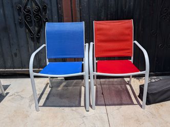 2 red and blue beach/pool/patio chairs