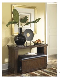 T838-4 Ashley Furniture Merihill - Medium Brown Sofa Table W/Ottoman