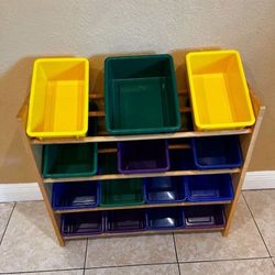 REAL WOOD 4 Tier Toy Organizer With 14 Plastic Bins… 35” Height By 34” Wide By 14” Wide… In Good Condition… $45