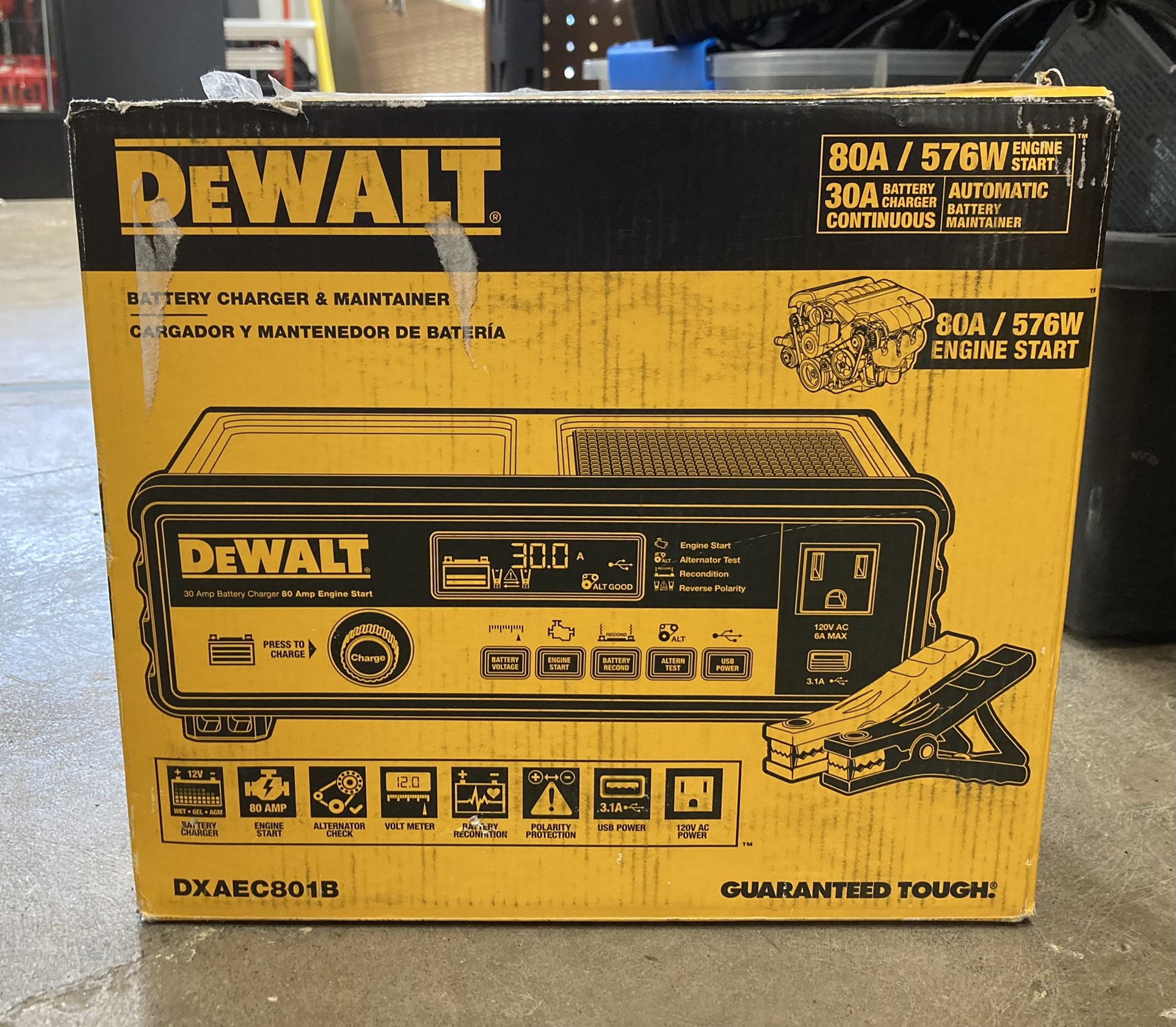 DEWALT 30 Amp Automotive Portable Car Battery Charger with 80 Amp Engine Start and Alternator Check