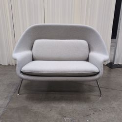 Womb-Style Settee Loveseat in Light Grey Wool-Blend with Chrome Legs