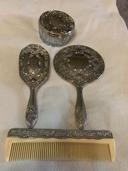 Silver plated Vanity Set Mirror Brush Comb and Jar