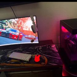 pc monitor and computer and mouse and keyboard 