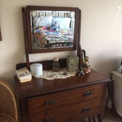Beautiful Oak Antique Rolling Vanity With Beveled Swivel Tilt Mirror , Multi Drawer - OBO
