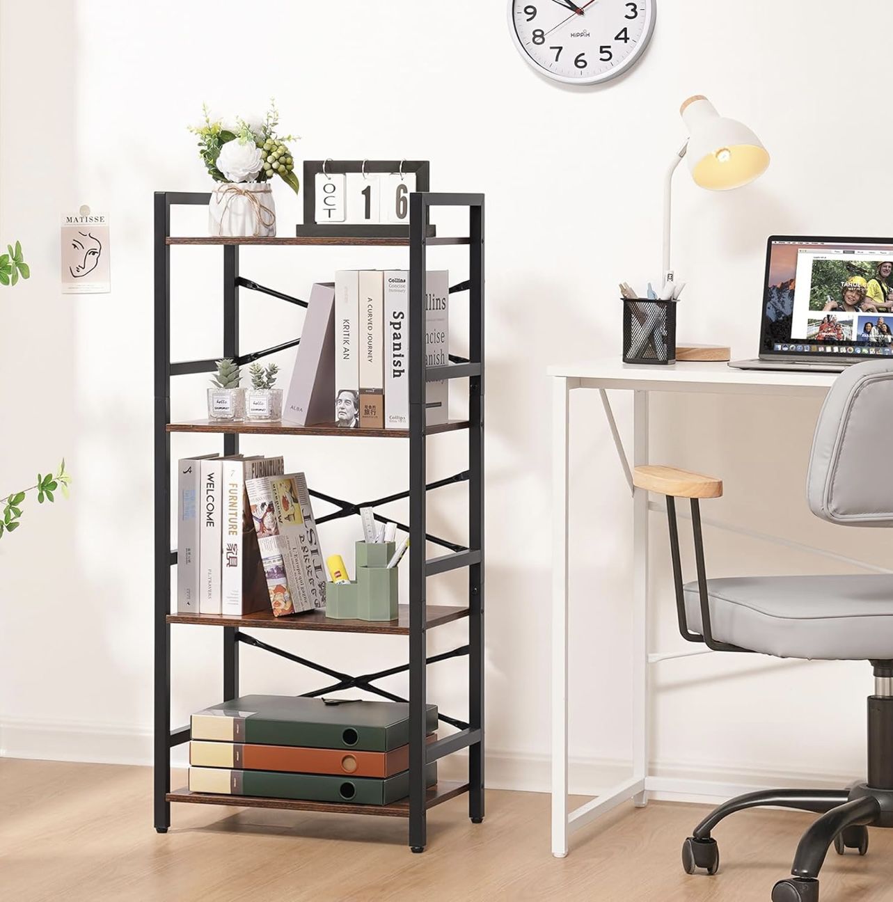 4 Tier Bookshelf - Small Book Shelf Industrial Bookcase, Narrow Book Case Book Storage Organizer