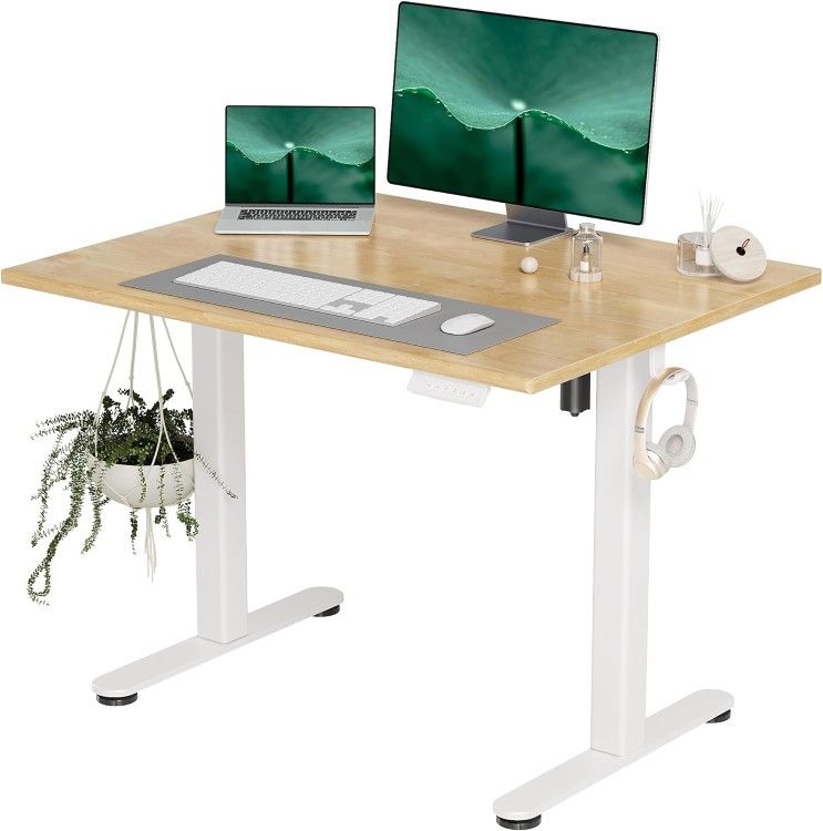 INNOVAR Solid Wood Standing Desk Adjustable Height Electric Stand up Desk with Whole Piece Desktop 40x24 Inches Sit Stand Home Office Desk White Fra