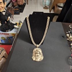 Iced Out 30"Gold Plated Cuban Link Chain W/Stunning Large Gold Plated 3D Jesus Pendant Adorned With Rhinestones 4.5"x3.5" EXQUISITE - FIRM PRICE