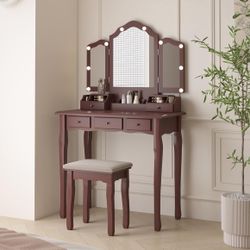 Vanity Table, Vintage Vanity Desk with Mirror and Lights, Tri-Fold Mirror Small Makeup Vanity with Chair, Vanity Set for Bedroom and Small Spaces. 