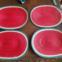 Set Of 4 Vintage Mexican Palm Watermelon Placemats.