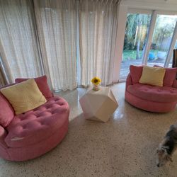 Large Pink Linen Swivel Chairs 