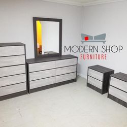 Dresser With Mirror, Chest And Two Nightstands 🌌 Comoda Con Espejo, Gavetero Y Dos Mesitas De Noche 🌌