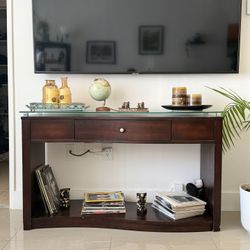 Elegant Dark Wood Console Table with Glass Top