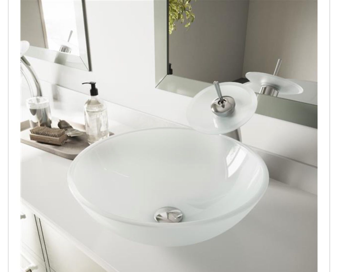 (3) VIGO Glass Vessel Bathroom Sink and Waterfall Faucet - White