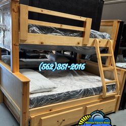Twin Full Natural Bunk Bed With Mattresses Trundle Cama 